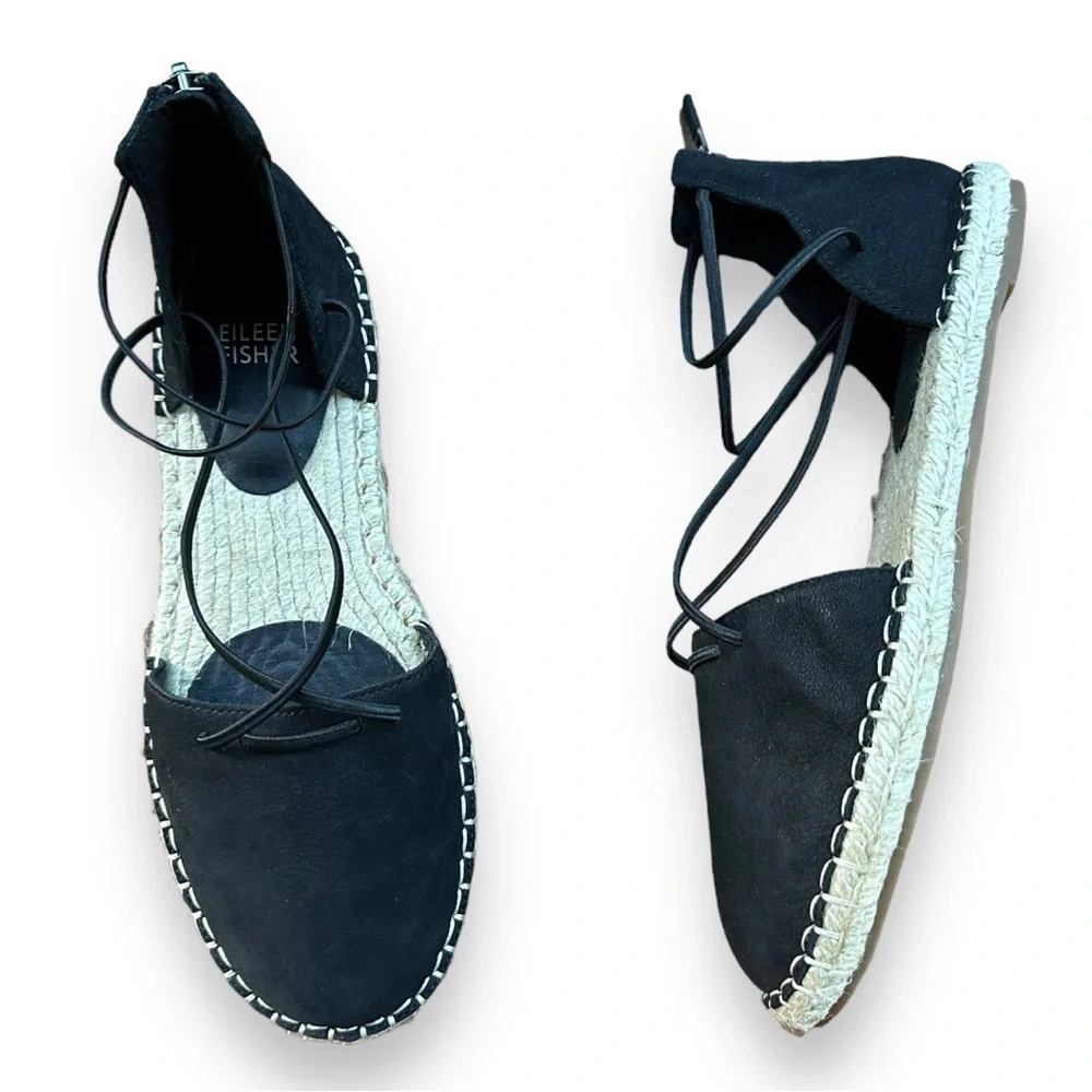 New Eileen Fisher Black Lace Leather Espadrilles | Size 7.5